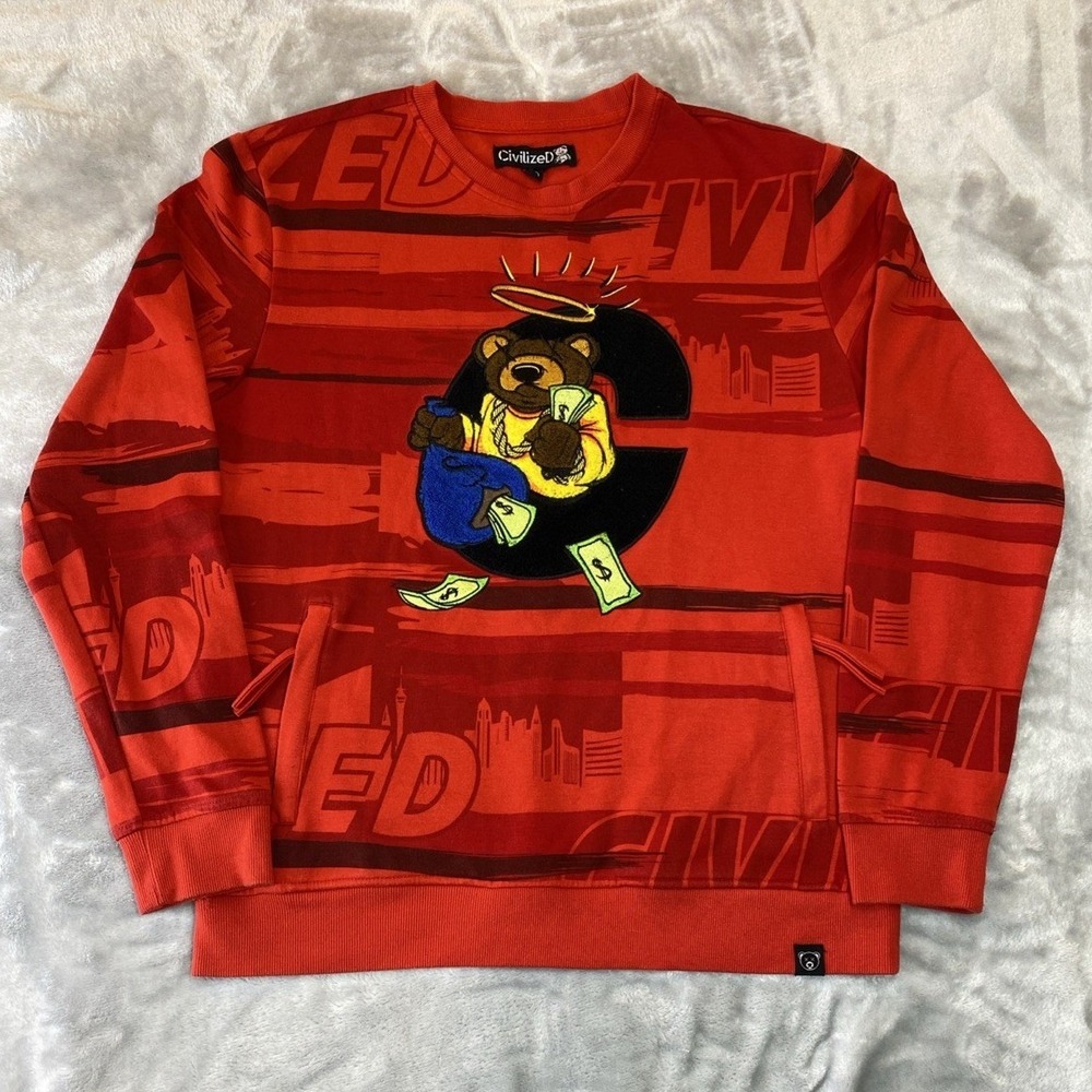 CivilizeD Sweatshirt Men Large Red Money Bear Graphic Streetwear All Over Print